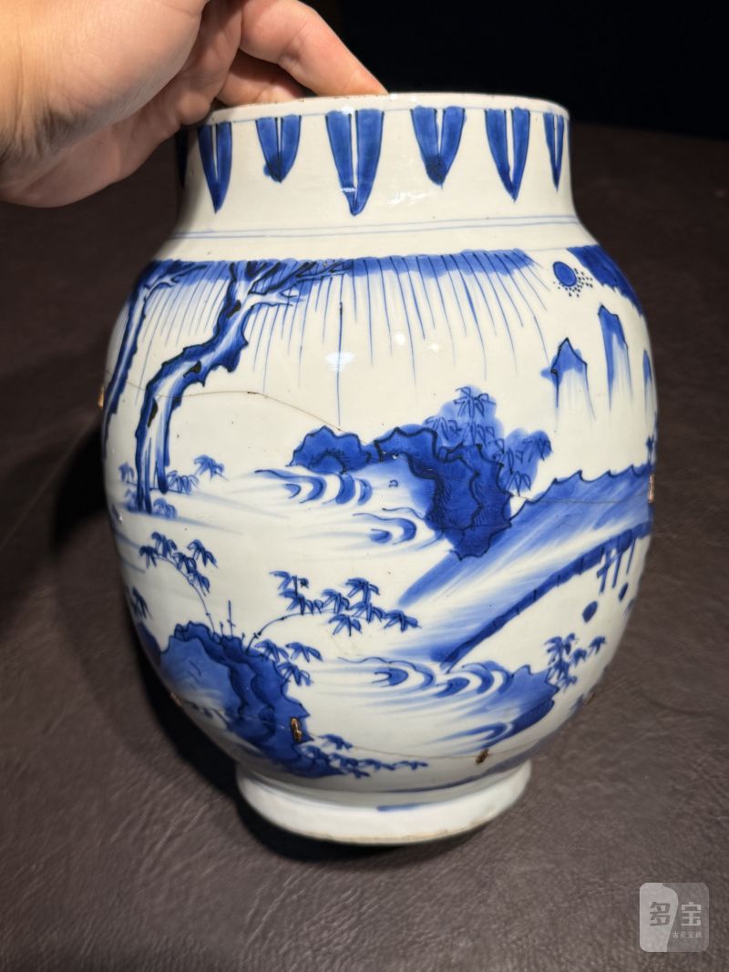 明崇祯 青花高士图莲子罐 - 图9